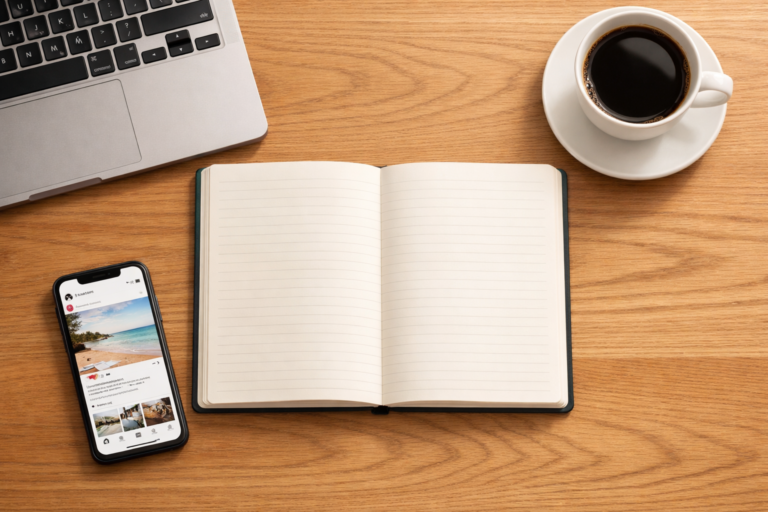 A minimal overhead workspace flat lay with a notebook, laptop, and phone, representing a streamlined content strategy built around one strong idea.