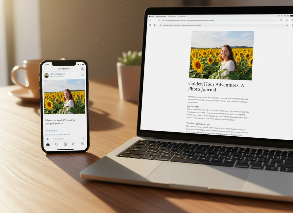 A phone and laptop side by side showing social and blog content, representing how one article can be customized across multiple platforms.