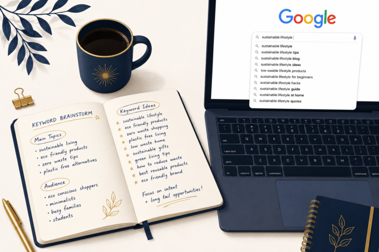 A flat-lay illustration of a keyword research brainstorm session — an open notebook with handwritten topic and audience notes alongside a keyword ideas list, a navy coffee mug, a gold pen, and a laptop displaying Google search autocomplete suggestions.