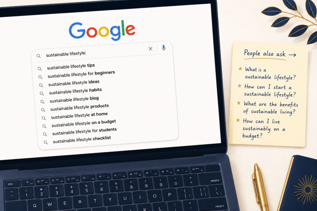 A close-up illustration of a laptop displaying Google search autocomplete suggestions, with a handwritten sticky note beside it listing "People also ask" questions — a visual example of free keyword research in action.