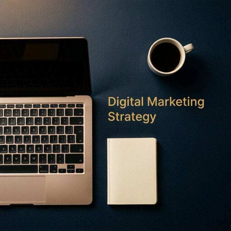 Laptop, notebook, and coffee on a navy desk with gold text reading Digital Marketing Strategy