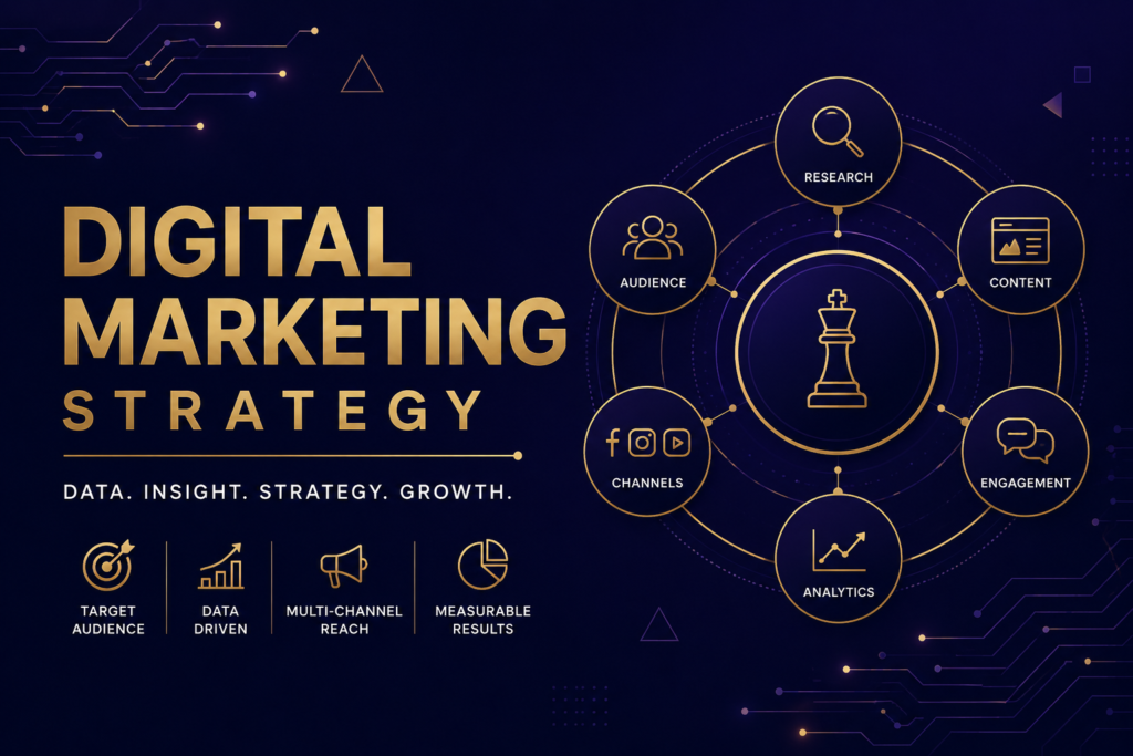 Digital marketing strategy graphic showing research, content, audience, channels, engagement, and analytics