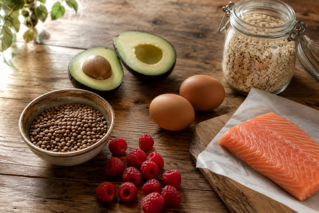 Flatlay image of foods that GLP-1 naturally