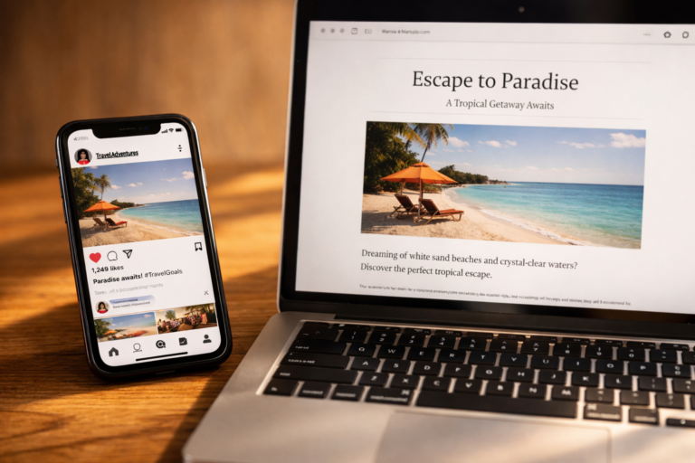 A laptop displaying a tropical travel blog titled 'Escape to Paradise' next to a smartphone showing a matching Instagram travel post about a beach getaway