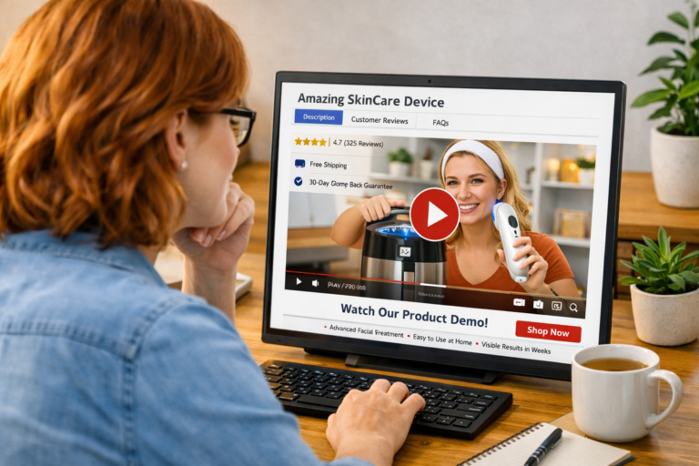 a red-haired person watching a ugc video embedded in a website - for word-of-mouth marketing strategy support