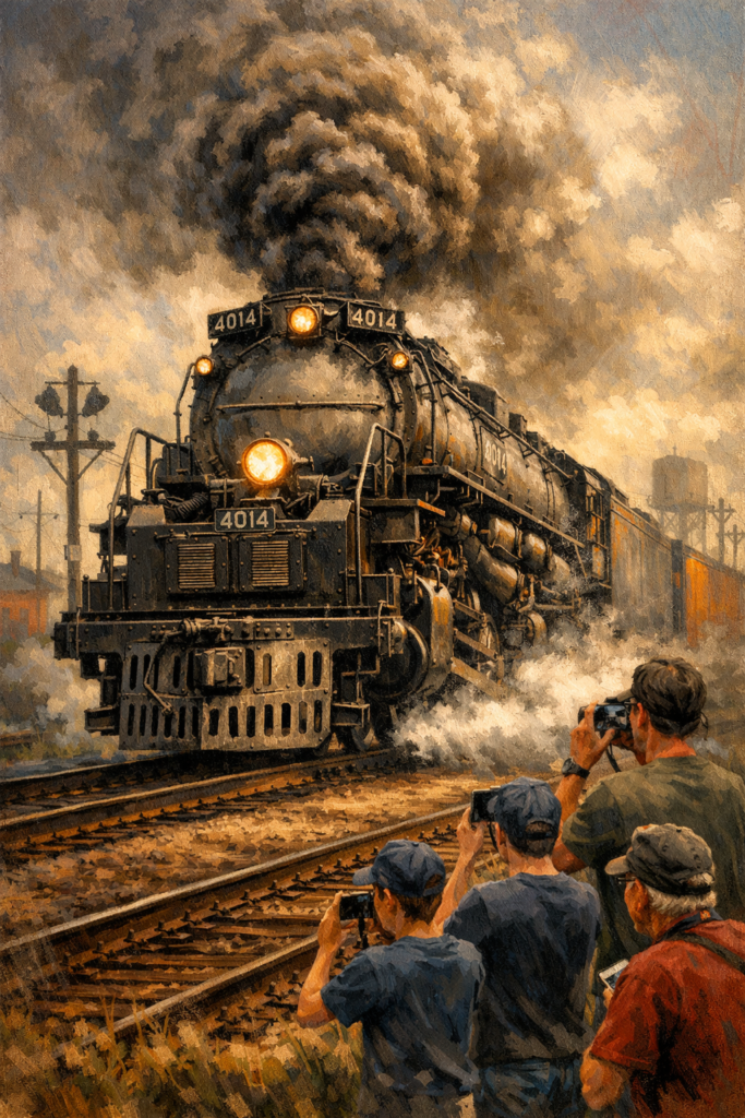 Excited viewers taking pictures of the historic UP Big Boy 4014 coming up the track. Nostalgia marketing in action!