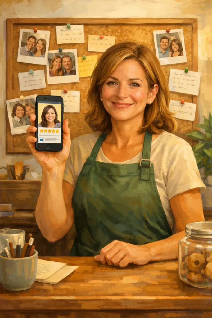 Small business owner in apron holding up a phone showing a five-star customer review, with a corkboard of customer photos behind her