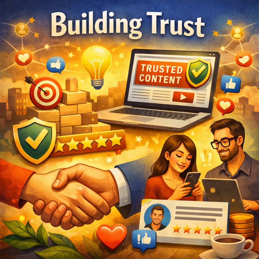 Colorful image with text about using content marketing to build trust
