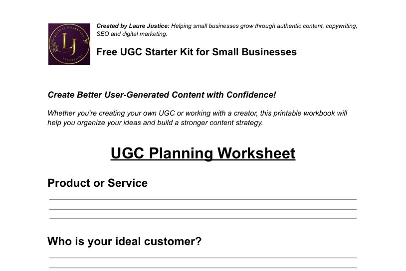 Screenshot of the free downloadable UGC Starter Kit from laurejustice.com