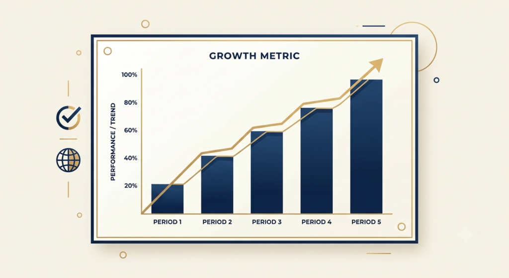 A navy and gold growth chart graphic showing an upward trend across five periods, with checkmark and globe icons alongside it.