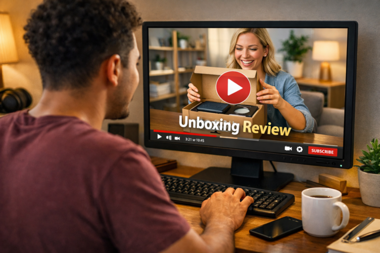 Person watching a UGC unboxing video