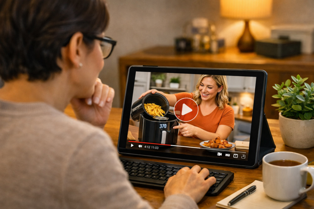 A potential customer watching a UGC product demonstration video