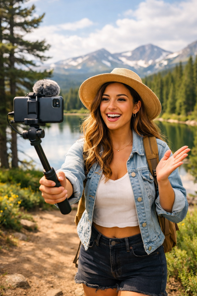 a social media influencer in a natural setting, holding a phone on a selfie stick, and creating a UGC video