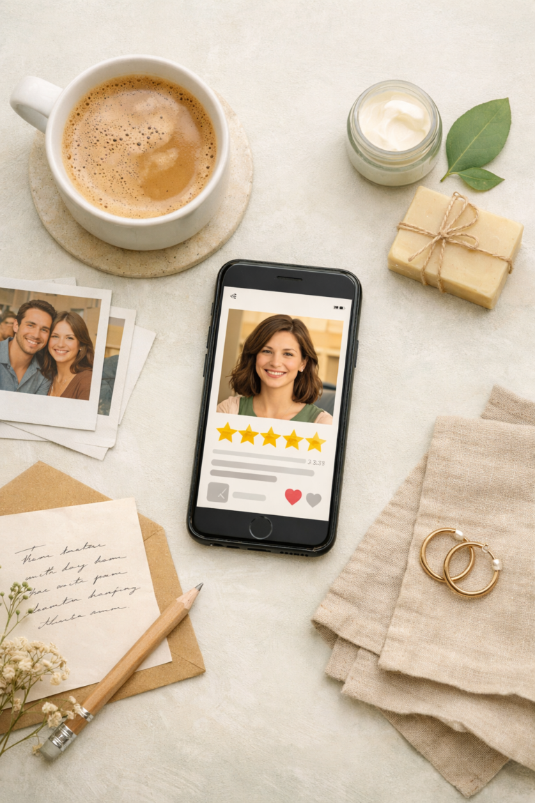 Smartphone displaying a five-star customer review surrounded by handwritten notes and everyday lifestyle items