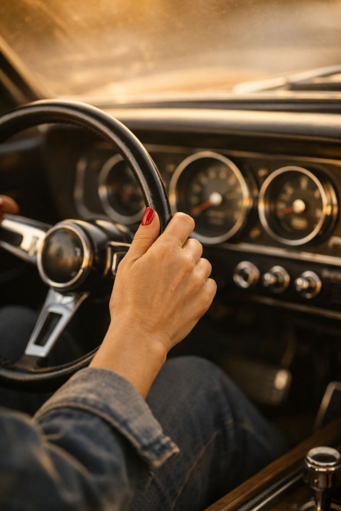 Close-up of a woman's hand with red nail polish gripping the steering wheel of a classic car, vintage dashboard gauges visible in golden-hour light