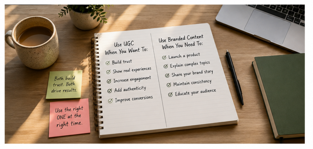Notebook showing when to use branded content and when to use UGC