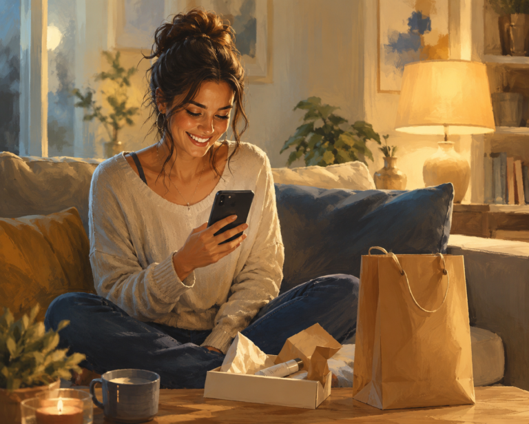 Woman smiling at her phone on a couch while unboxing a skincare product, with a shopping bag and cozy living room in soft evening light