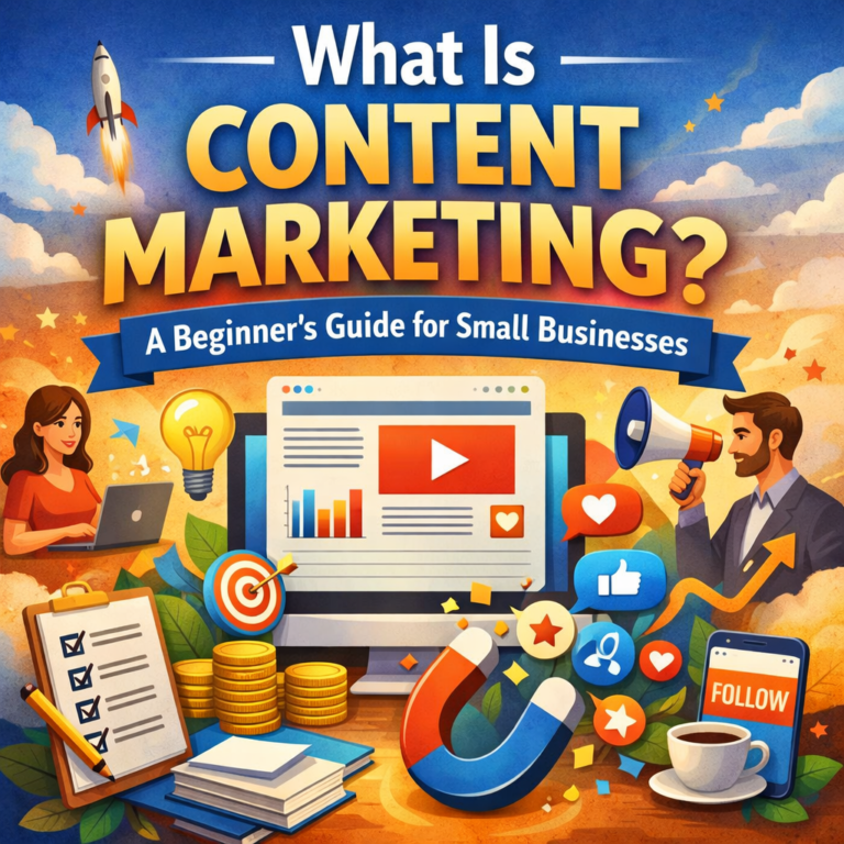 Colorful image with text asking what content marketing is.