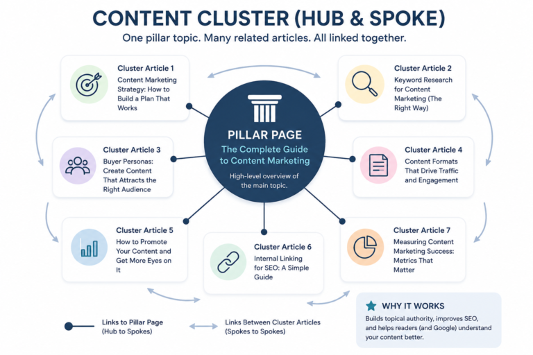 Colorful graphic of a content cluster and topical authority building key points