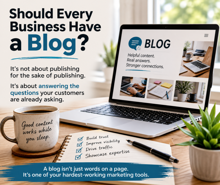 Digital marketing graphic illustrating the benefits of business blogging. The image highlights creating helpful content, answering customer questions, improving SEO, building trust and establishing expertise.