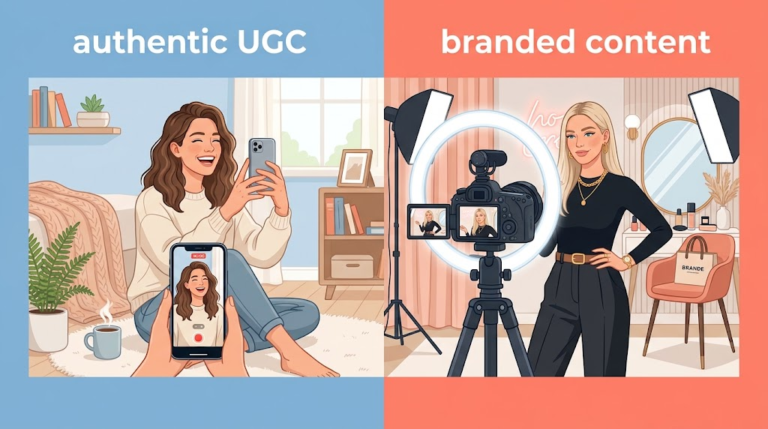 Illustration comparing casual, phone-filmed UGC content on the left with a polished, studio-lit branded photoshoot on the right.