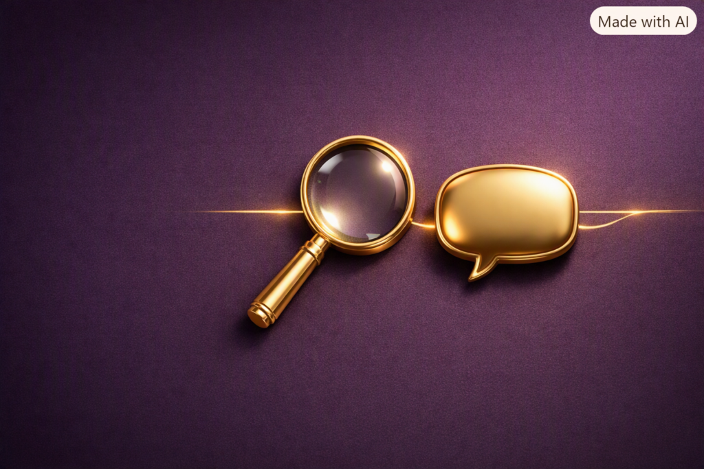 A gold magnifying glass and a gold speech bubble resting side by side on a deep plum background, linked by a thin glowing gold line.