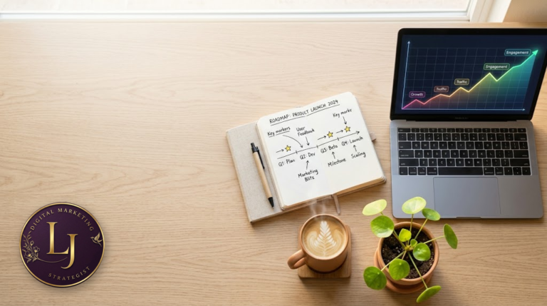 Laptop, notebook, and sprouting plant on a desk, representing keeping your digital marketing current through reinvention.