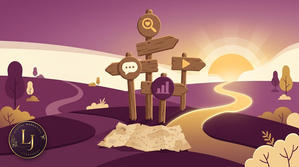Signposts at a crossroads pointing toward search, AI, social, and video, showing how digital marketing keeps changing direction.