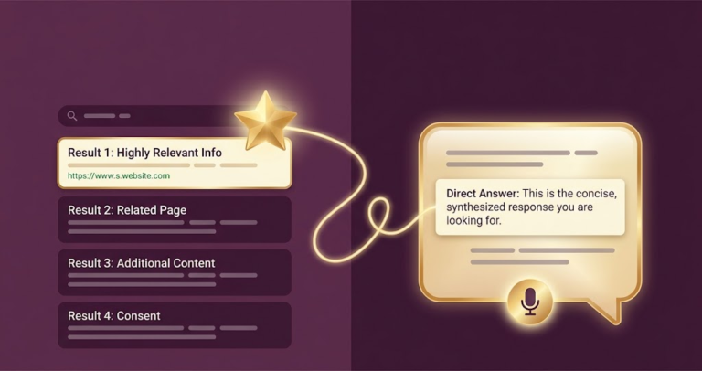 Illustration showing SEO as a ranked search results list and GEO as an AI answer bubble, connected by a gold line.